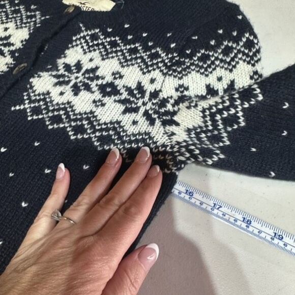 Y2K Hollister Women’s Fair Isle Nordic Navy Blue White Cardigan Size S Wool Blen - Picture 7 of 10